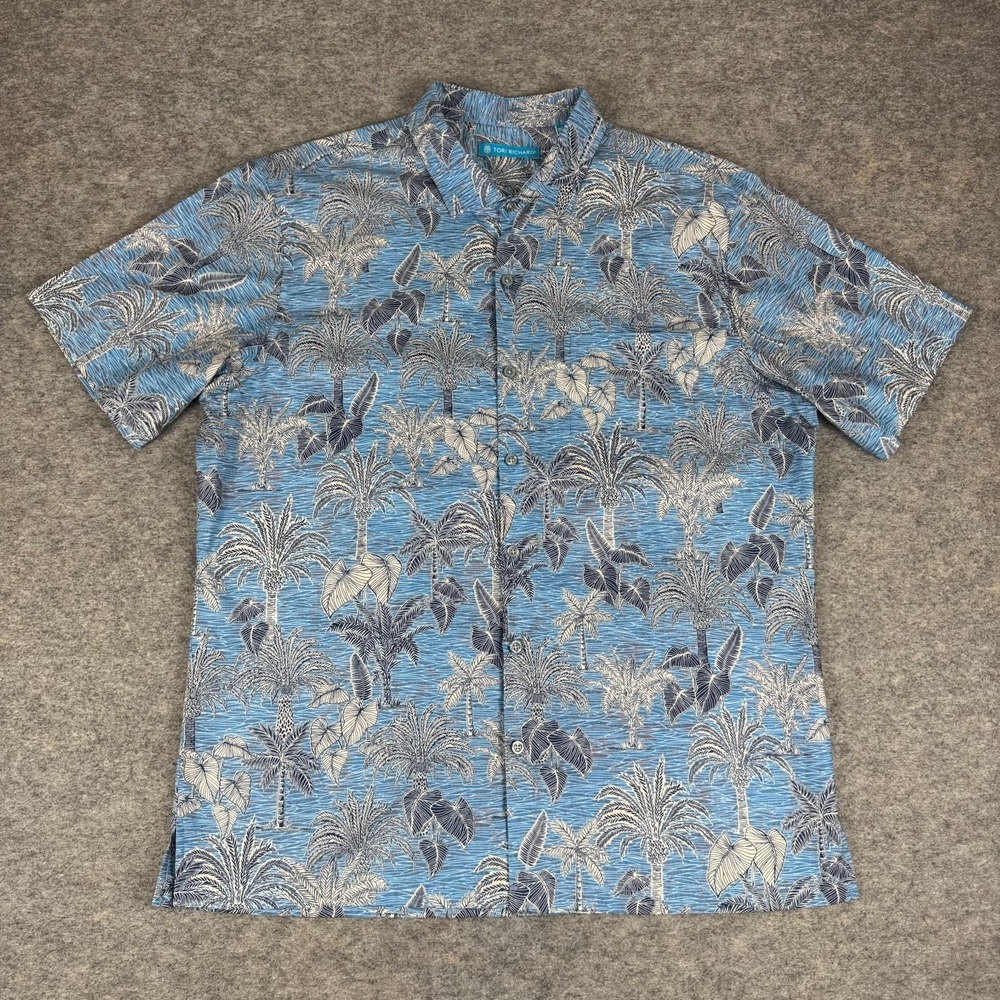 Tori Richard Button Up Hawaiian Shirt Palm Trees USA Made Blue Mens Large L